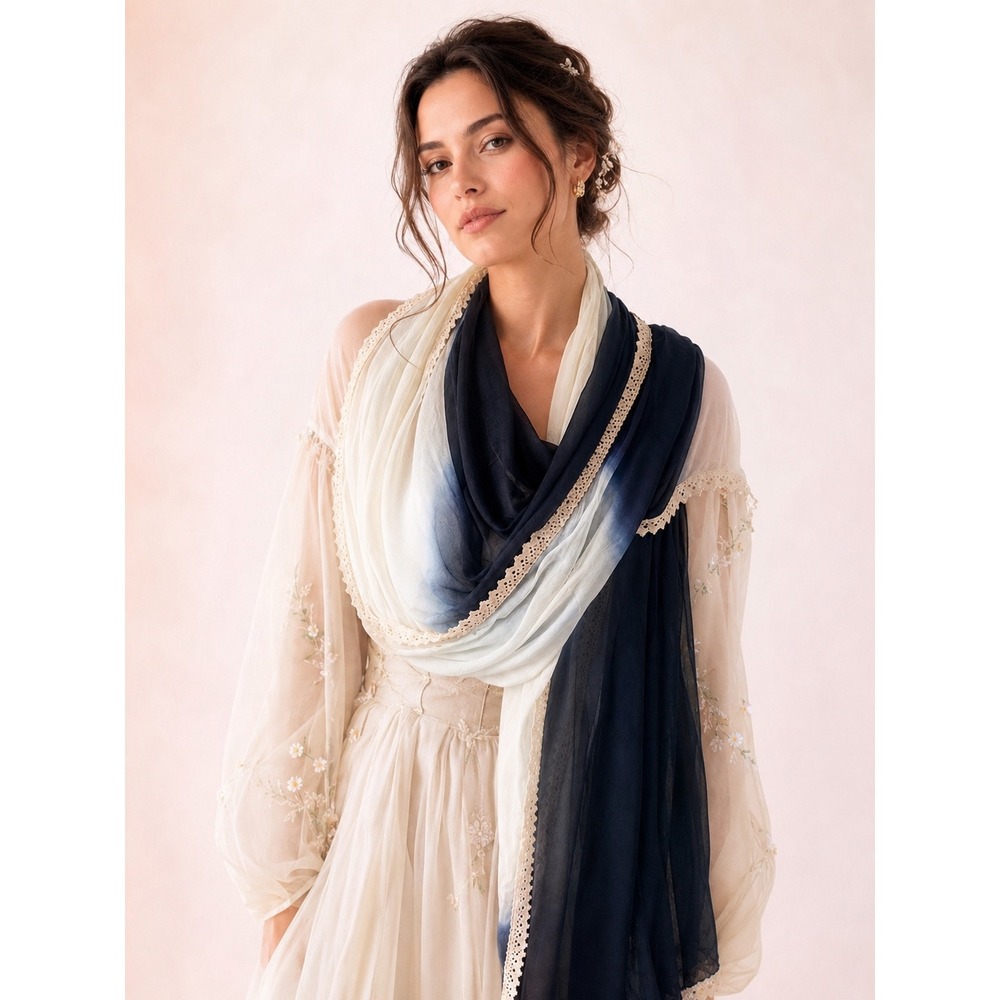 Fairy core Navy Blue Cream Ombre Lace Trim Scarf chic-festival